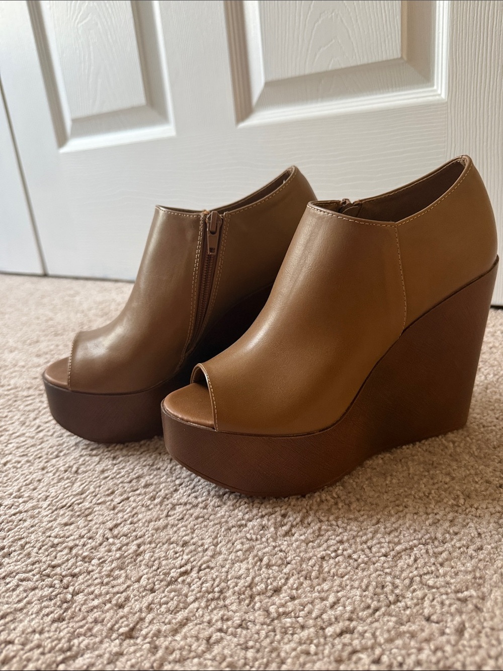 Refresh Tan Brown Peep-Toe Wedge Booties